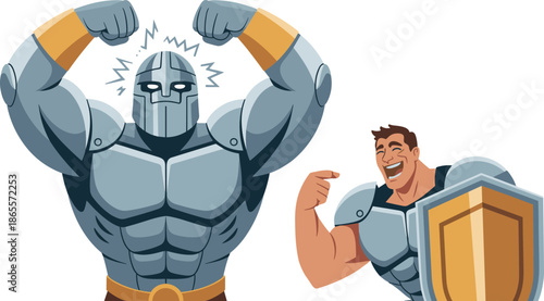 Vector Illustration of a Massive Robotic Warrior Flexing Huge Biceps Next to a Laughing Man with a Shield