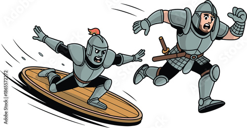 Vector Illustration of a Small Determined Knight Surfing on a Wooden Shield While Being Pursued by a Soldier