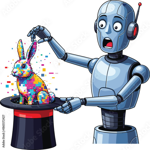 Vector Illustration of a Surprised Blue Robot Character Pulling a Colorful Pixelated Glitch Rabbit from a Magic Hat
