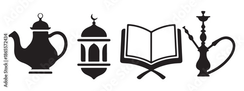 Islamic Symbols: Hookah, Lantern, Quran, and Teapot