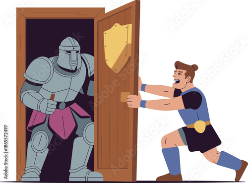 Vector Illustration of a Determined Hero Character Pushing a Wooden Door Shut to Block a Large KnightVector Wooden Door Shut to Block a Large Armored Knight