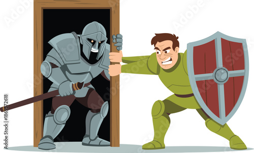 Vector Illustration of a Brave Knight Pushing a Door Shut to Block a Dark Armored Intruder with Glowing Eyes