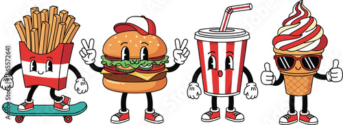 Cute cartoon fast food characters illustration, burger fries soda ice cream mascots, fun junk food set, playful design, colorful vector style