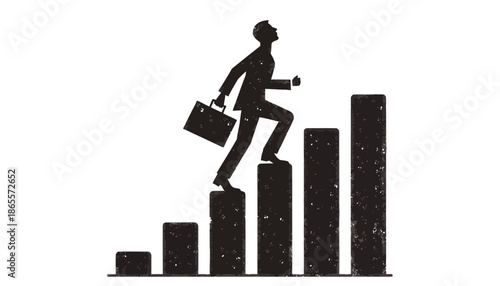 Businessman climbing up bar graph with briefcase in hand