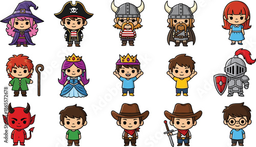 Cute cartoon fantasy characters set illustration, kids costumes collection with pirate, knight, princess, witch, cowboy, viking, wizard, and fairy tale
