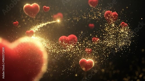 Elegant Red Hearts with Sparkling Gold Particles on Dark Background for Romantic Celebrations