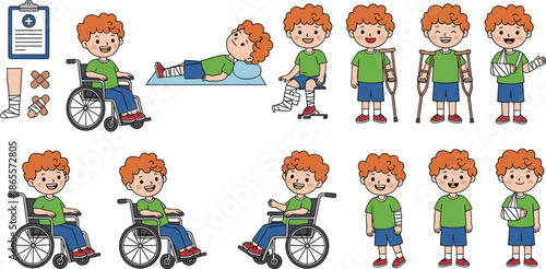 Cute cartoon injured boy character set illustration, child medical recovery poses with wheelchair, crutches, bandages, healthcare education concept design