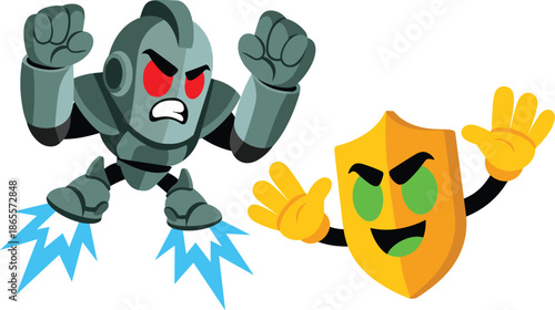 Vector Illustration of an Angry Grey Robot Flying with Blue Jet Thrusters Pursuing a Grinning Gold Shield Character