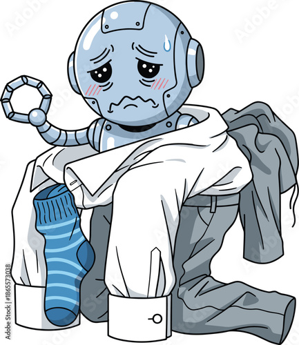 Vector Illustration of an Embarrassed Robot Character with Rosy Cheeks Wearing Oversized Human Clothes and a Striped Sock
