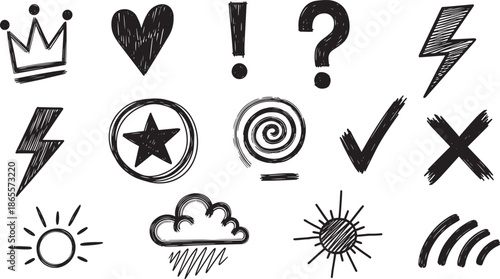 hand drawn black and white icons set