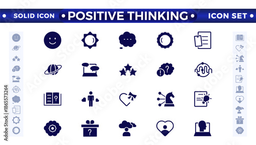 Positive thinking solid icon set. Psychology and mental line icons collection. Big UI icon set in a flat design. It contains self-care, optimism, love, a healthy lifestyle and happiness. 