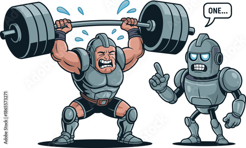 Vector Illustration of a Sweating Bodybuilder Lifting Heavy Weights While a Robot Coach Counts the First Repetition