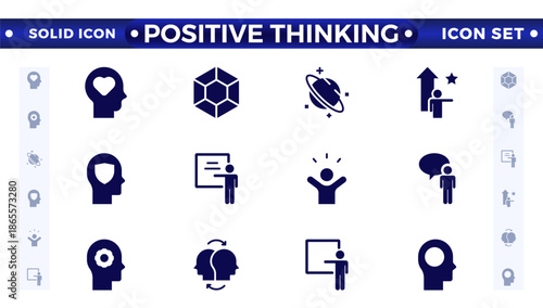 Positive thinking solid icon set. Psychology and mental line icons collection. Big UI icon set in a flat design. It contains self-care, optimism, love, a healthy lifestyle and happiness. 