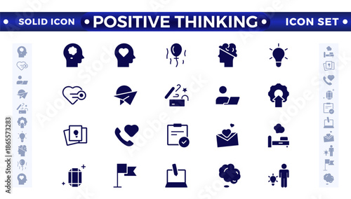 Positive thinking solid icon set. Psychology and mental line icons collection. Big UI icon set in a flat design. It contains self-care, optimism, love, a healthy lifestyle and happiness. 