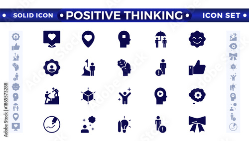 Positive thinking solid icon set. Psychology and mental line icons collection. Big UI icon set in a flat design. It contains self-care, optimism, love, a healthy lifestyle and happiness. 