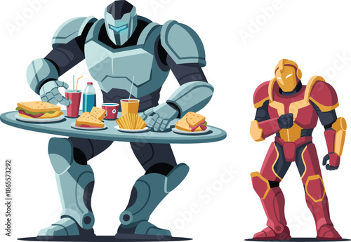 Vector Illustration of a Massive Blue Power Armor Character Eating a Huge Platter of Food Near Red Warrior