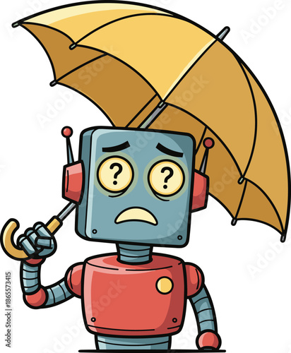 Vector Illustration of a Worried Robot Character with Question Mark Eyes Holding a Large Yellow Protection Umbrella