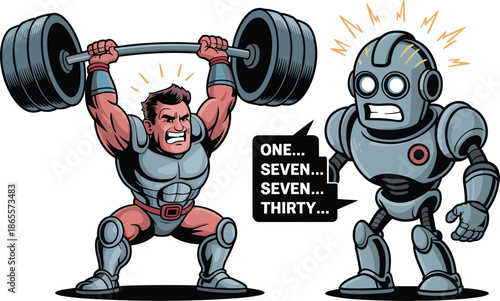 Vector Illustration of a Strong Bodybuilder Lifting Weights While a Confused Robot Coach Gives Glitched Repetition Counts