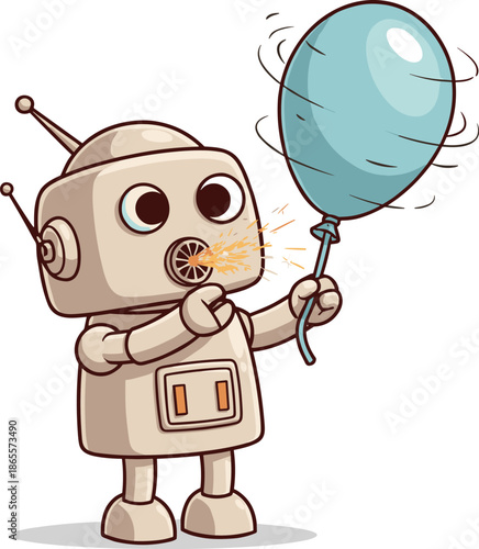 Vector Illustration of a Cute Robot Character Using Static Electricity to Make a Blue Balloon Float and Spark