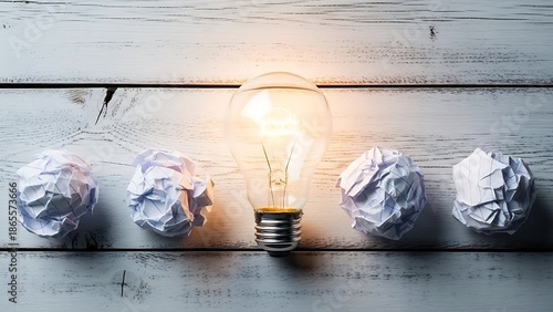 Bright glowing incandescent light bulb shines triumphantly between several crumpled rejected paper balls representing failed ideas and new inspiration beginning