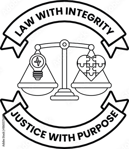 A black and white logo with a scale and a heart