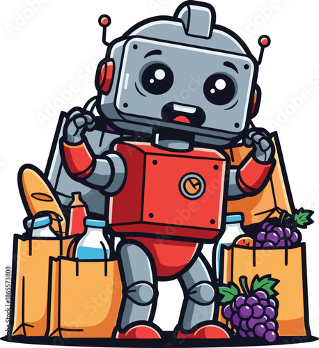 Vector Illustration of a Happy Robot Character Surrounded by Brown Paper Bags Filled with Fresh Groceries and Produce