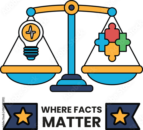 A scale with a light bulb on one side and a puzzle piece on the other