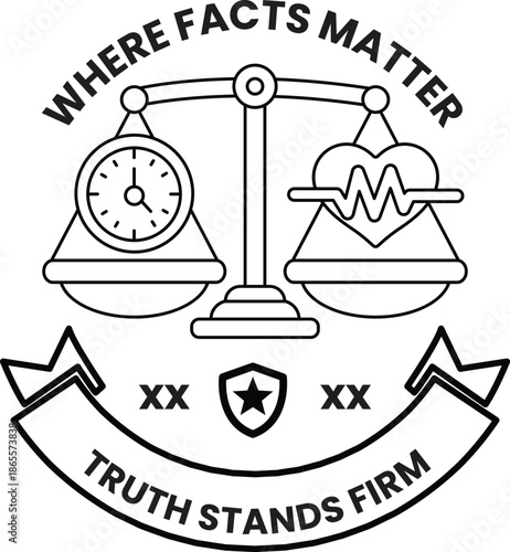 A black and white logo with a scale and a heart