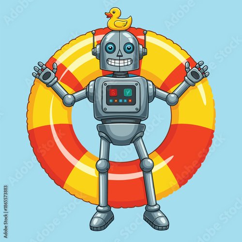 Vector Illustration of a Happy Robot Character Wearing a Lifebuoy and a Rubber Duck for Summer Safety Concept