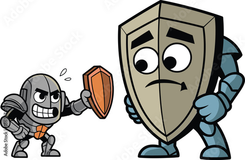 Vector Illustration of a Tiny Angry Knight Robot with a Small Shield Facing a Giant Sad Shield Character