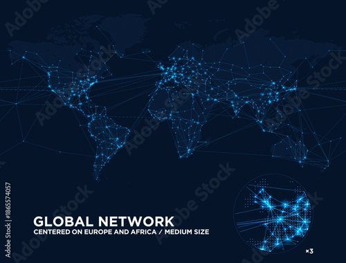 ヨーロッパとアフリカ大陸を中心とした世界地図のドットマップと、デジタルなグローバルネットワーク