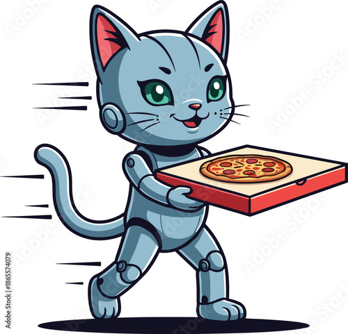 Vector Illustration of a Cute Grey Robotic Cat Character Running to Deliver a Fresh Pizza in a Box