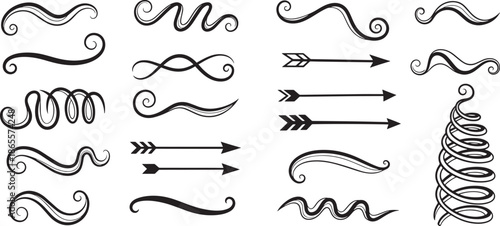 set of black swirly lines and arrows on white background