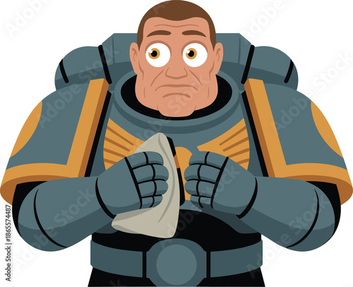 Vector Illustration of a Confused Space Marine Character in Blue and Gold Power Armor Holding a Small Document