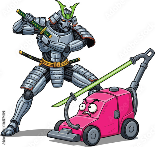 Vector Illustration of a Silver Samurai Robot Character Drawing a Katana to Battle an Angry Pink Vacuum Cleaner