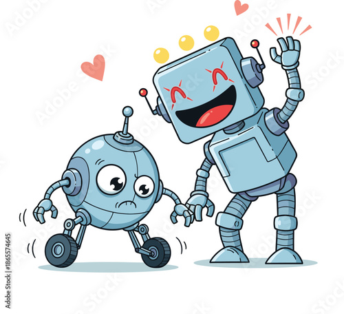 Vector Illustration of Two Cute Robot Characters Expressing Love and Affection with Pink Hearts for Modern Technology Concept