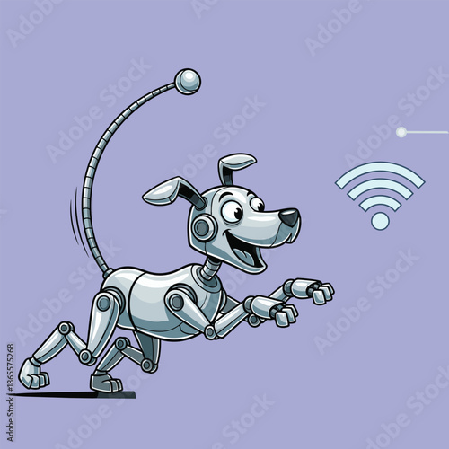 Vector Illustration of a Happy Robotic Dog Character Chasing a Wireless Wi-Fi Symbol for Modern Technology Concept Design