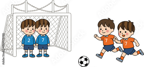 Cute cartoon kids playing soccer illustration, children football match scene, teamwork sport activity, goalkeepers and players, playful school sports vector