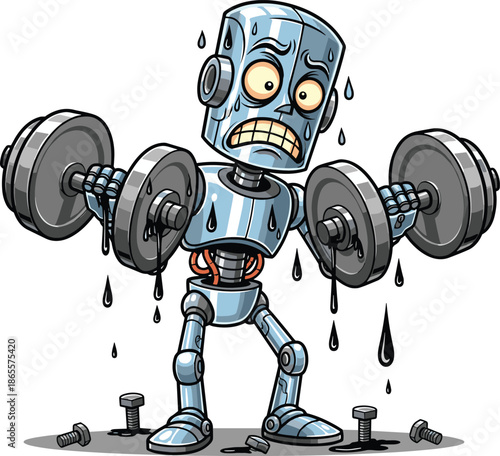 Vector Illustration of a Sweating Robot Character Struggling to Lift Heavy Dumbbells for Technology and Fitness Concept Design