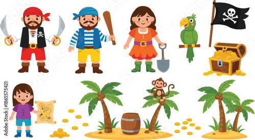 Cute cartoon pirate characters set illustration, kids adventure theme with treasure island, pirates, parrot, map, gold coins, colorful vector design