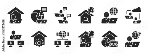 Work At Home glyph style icon set collection. containing remote worker, freelance, office employee, stay at home, internet work, remote teamwork, worker, management, shared network, location, job