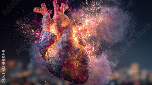A heart with a lot of colorful smoke coming out of it