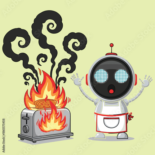 Vector Illustration of a Panicked Robot Chef Character with a Burning Toaster and Thick Black Swirling Smoke Clouds