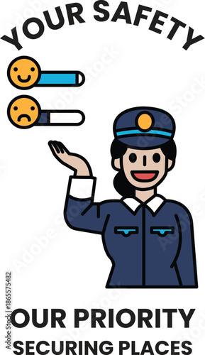 A woman in a uniform is holding a smiley face and a frowning face
