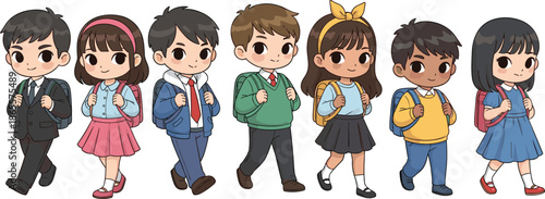 Cute cartoon school children walking with backpacks, diverse boys and girls students illustration, education concept, back to school vector design