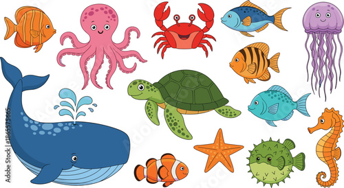 Cute cartoon sea animals collection, with whale octopus turtle fish jellyfish starfish crab seahorse vector illustration for kids education design