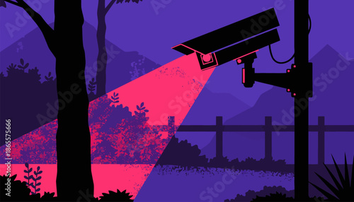 Security camera surveillance in a rural landscape at night