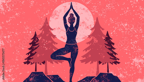 Woman practices yoga under the full moon in serene forest setting
