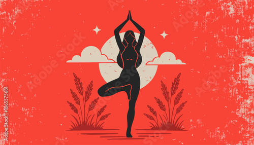 Woman in serene yoga pose with moon and clouds background