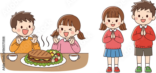 Cute children eating food and praying illustration, happy boy girl cartoon characters, family meal concept, flat vector style